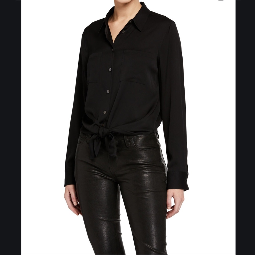 Theory Stretch Silk Tie-Front Shirt- Black - S